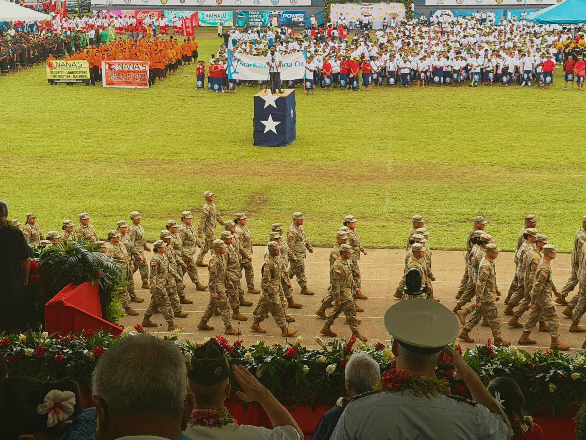 American Samoa's soldiers marching during Flag Day ceremonies