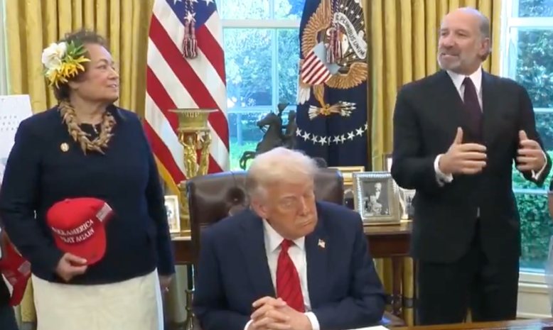 Congresswoman Amata, President Trump, and Secretary of Commerce Howard Lutnick (speaking) on April 17, 2025 in the Oval Office highlighting the role of fishing in US economic and food security