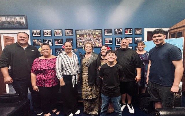 Congresswoman Amata with Dr. Aifili John Tufa, Ms. Annie Noa, Mrs. Emma Reid-Alo, Langahelotu Vivao, Mr. Francis Vivao, Dr. Anaise Uso, and some of their family members