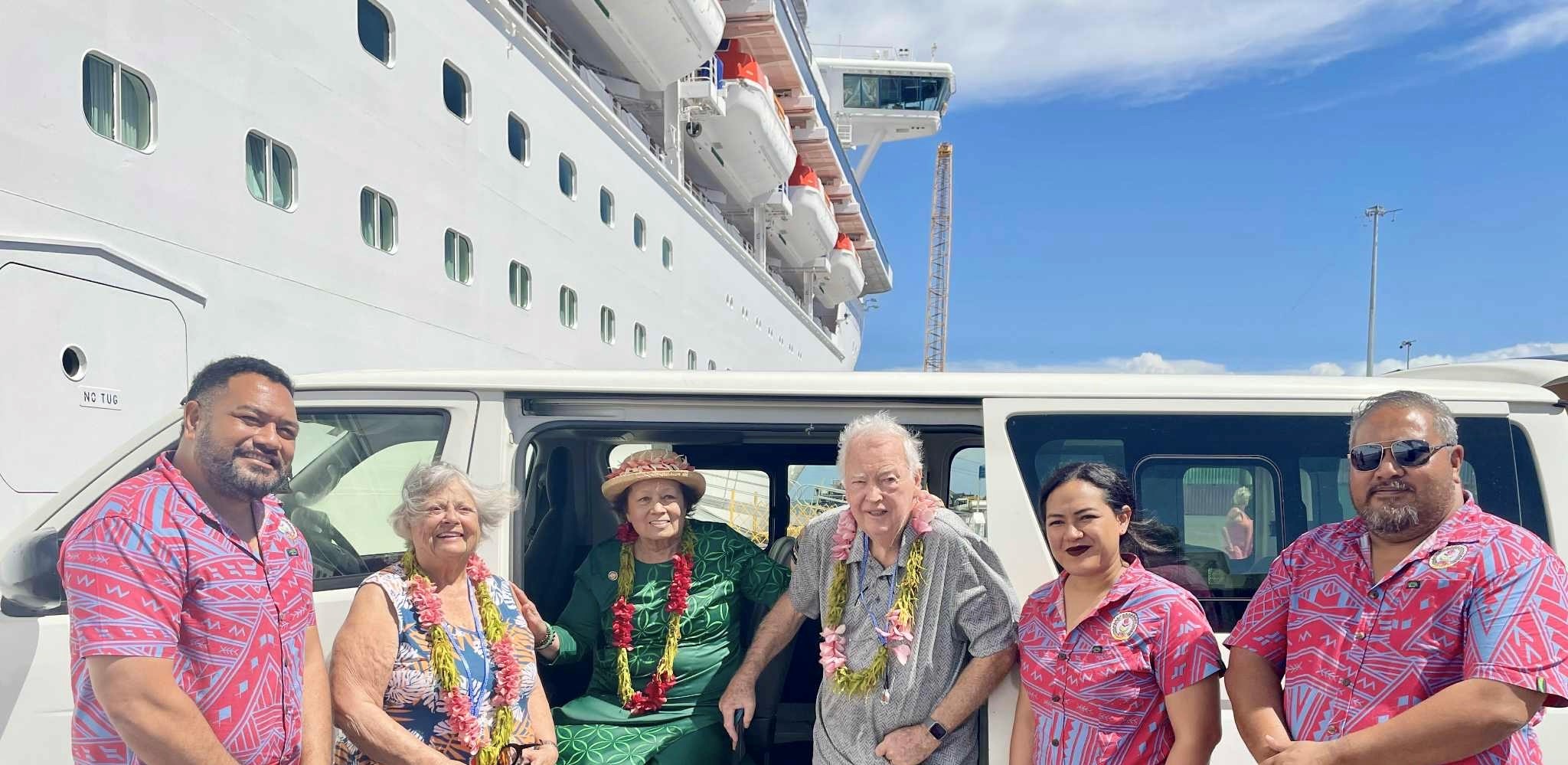 Congresswoman Amata with Gov. Frank and Nancy Murkowski, pictured with friends Paula, Mele and Filipo at the wharf in Apia on Thursday.