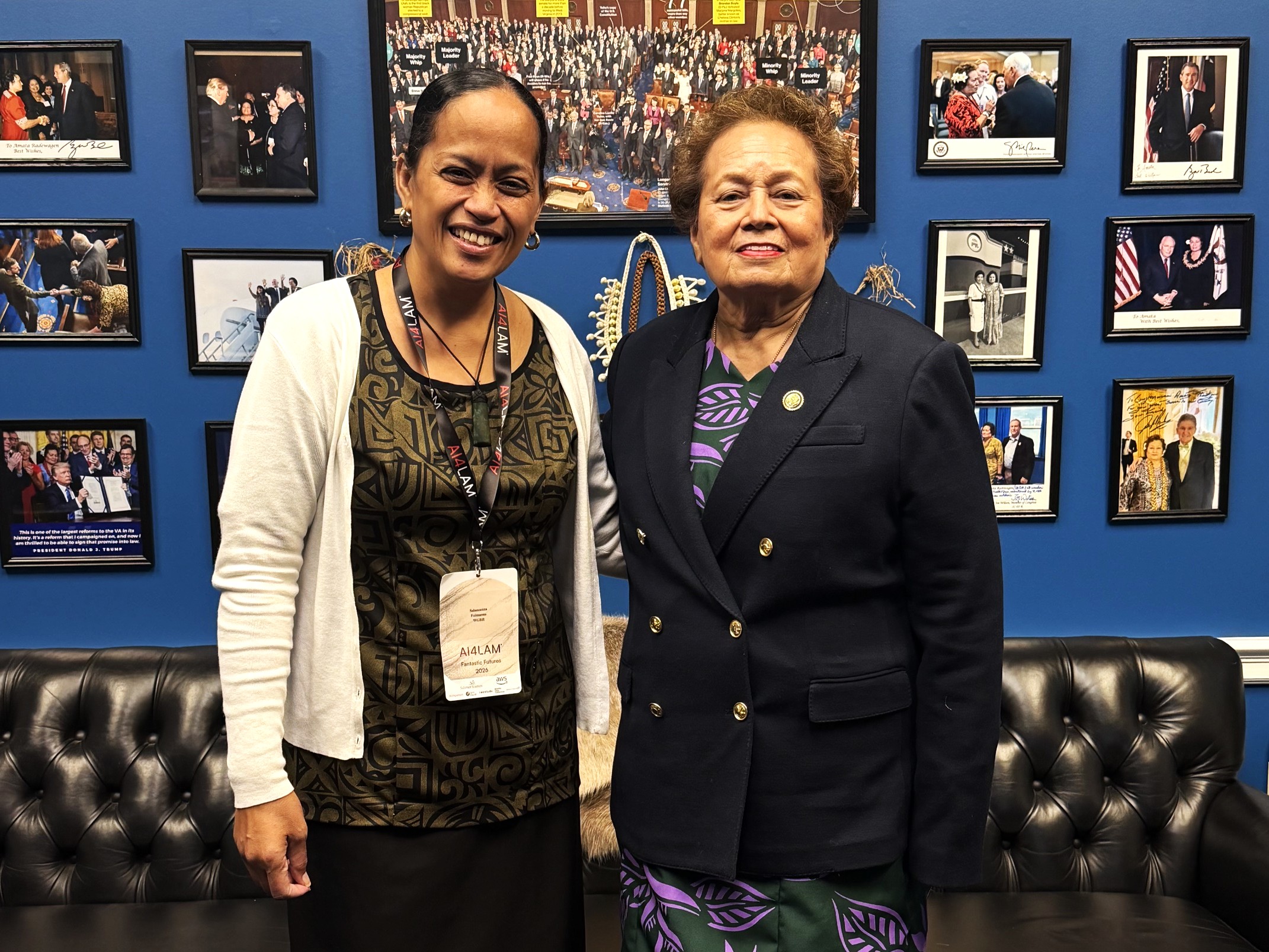 Congresswoman Uifa’atali Amata welcomes Salamasina July Fuimaono of Lauli‘i to her Washington, D.C., congressional office during Fuimaono’s visit for the 2026 AI4LAM Fantastic Futures conference