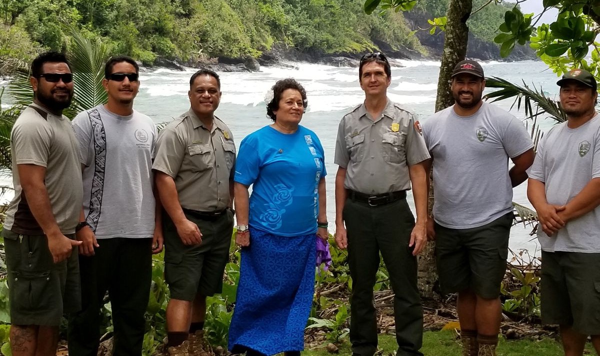 Rep. Amata with former Sup. Scott Burch and Ranger Pua Tuaua Jr. and hardworking maintenance crew at Amalau Bay - file photo 