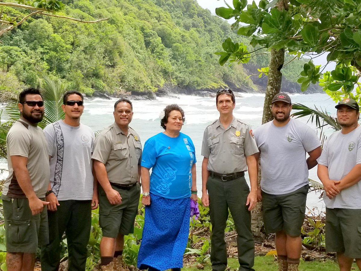 Amata with Superintendent Scott Burch and Ranger-Education Assistant Pua Tuaua Jr and the hardworking maintenance crew of the National Park of American Samoa crew at Amalau Bay