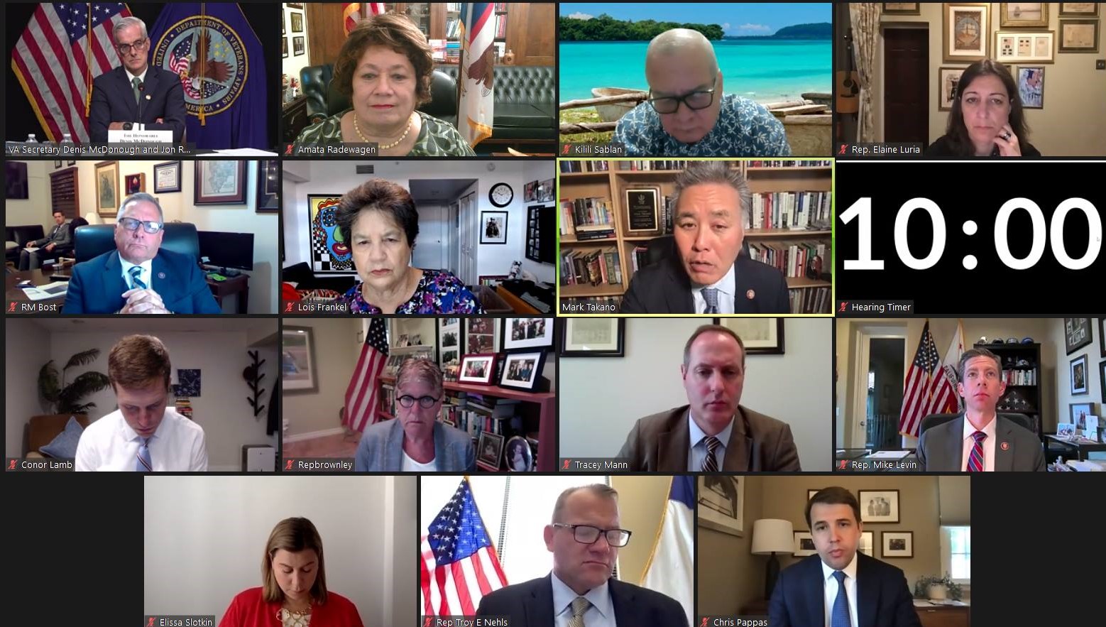 HVAC hearing with Congresswoman Amata and Secretary McDonough upper left, Ranking Member Bost left side, and Chairman Takano speaking