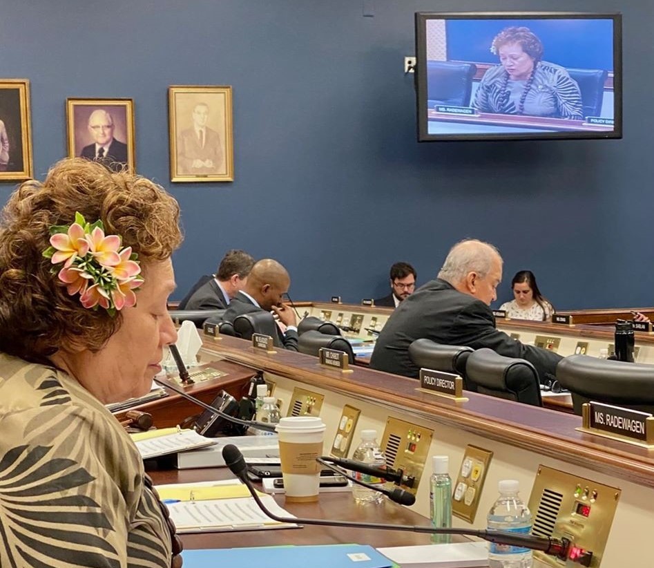This file photo from last Congress shows Congresswoman Amata speaking on screen and Congressman Sablan (center)