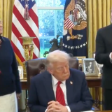 Congresswoman Amata, President Trump, and Secretary of Commerce Howard Lutnick (speaking) on April 17, 2025 in the Oval Office highlighting the role of fishing in US economic and food security