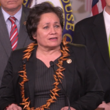 Congresswoman Aumua Amata speaks during a press conference on the shipping strike that was resolved earlier this year.