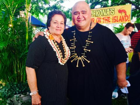 Amata with Taylor Tuli Wily on the set of Hawaii Five-O