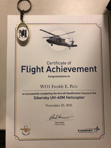 Army Certificate of Flight Achievement for WO1 Freddy Pu'e of Leone