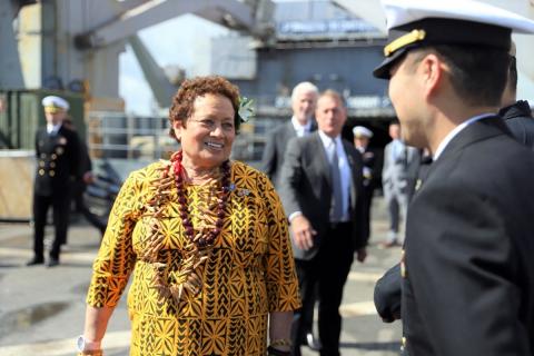 Congresswoman Amata speaking with some of the crew of the USS Gunston Hall.