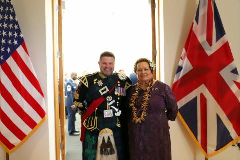 He is in full uniform to play the bagpipes for the Memorial Day ceremonies