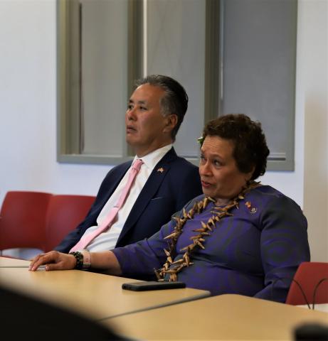 Congresswoman Amata with Chairman Takano in a briefing.