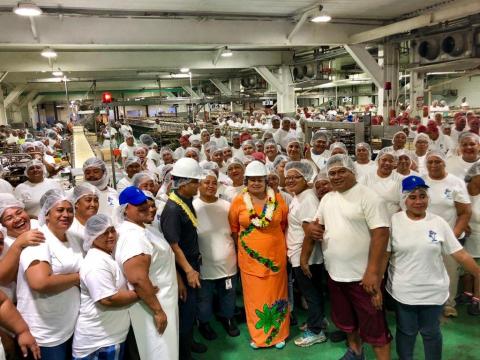 In 2018 Congresswoman Uifa'atali spoke to cannery workers during the prayer service just before the beginning of their shift