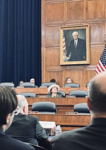 Congresswoman Amata directing questions to Under Secretary of State Evans, also shown in the frame. 