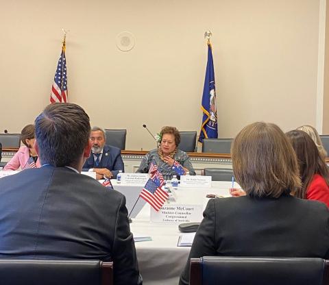 Congresswoman Amata speaking in a meeting Thursday discussing AUKUS with the Hon. Pat Conroy, MP, Australia, and Members of Congress Young Kim, Ed Case and Ami Bera