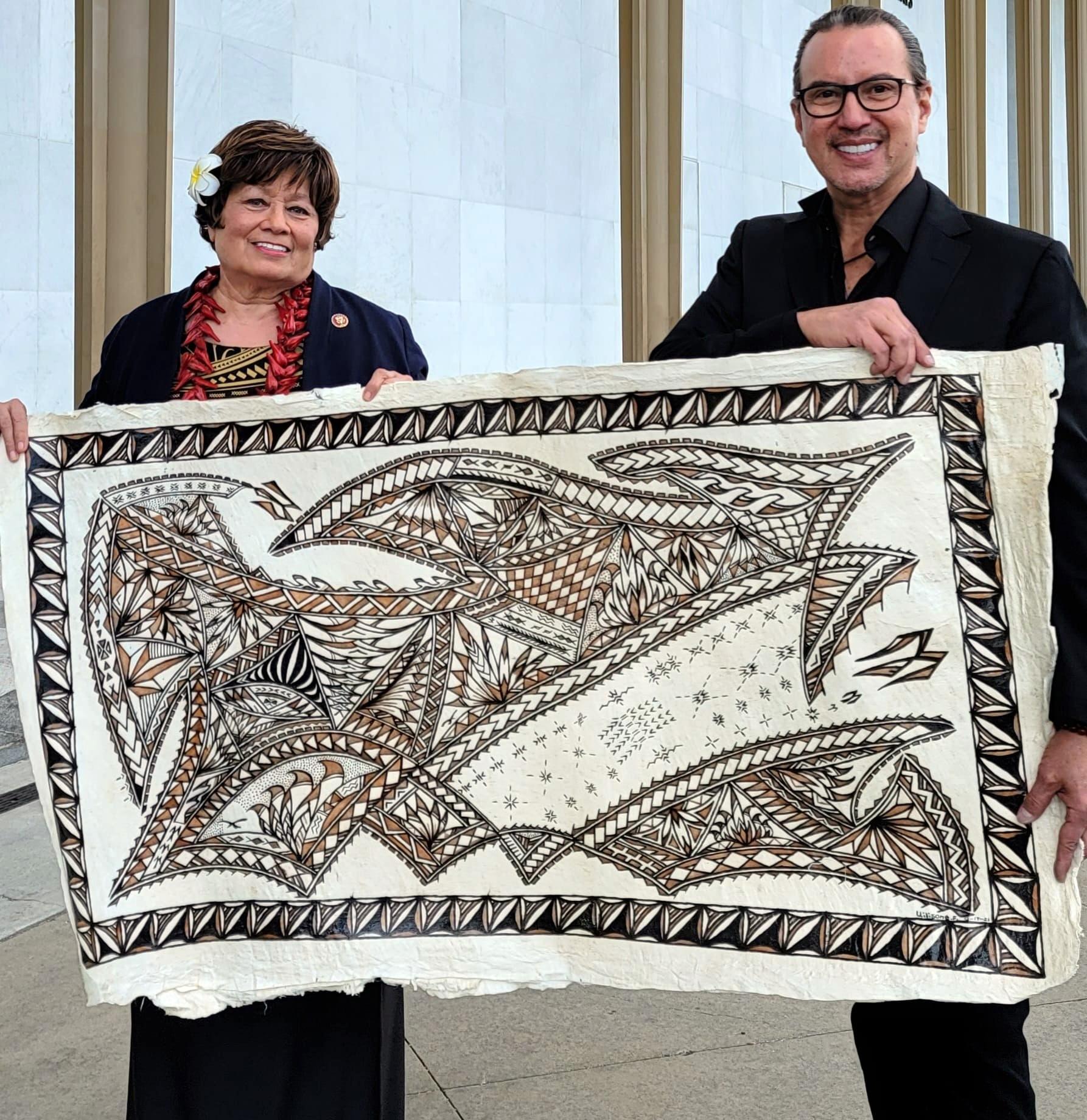 This beautiful siapo mamanu by Master Tufuga Su'a Wilson Fitiao will hang in American Samoa's congressional office