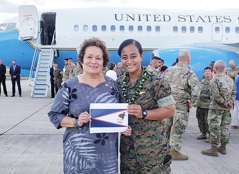 Congresswoman Amata and Marine Capt Anasitasia Ioane of Aua during Speaker Nancy Pelosi's international CODEL in 2019