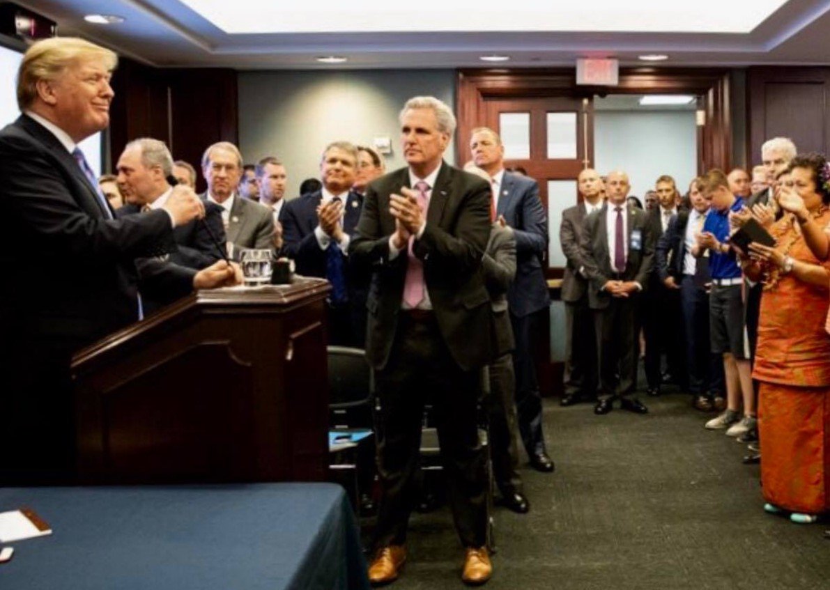 President Trump, Members of Congress including Majority Leader McCarthy (center) and Congresswoman Amata (right)