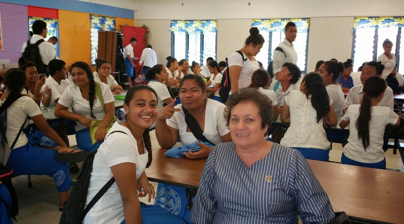 Congresswoman Aumua Amata meeting with students in their cafeteria