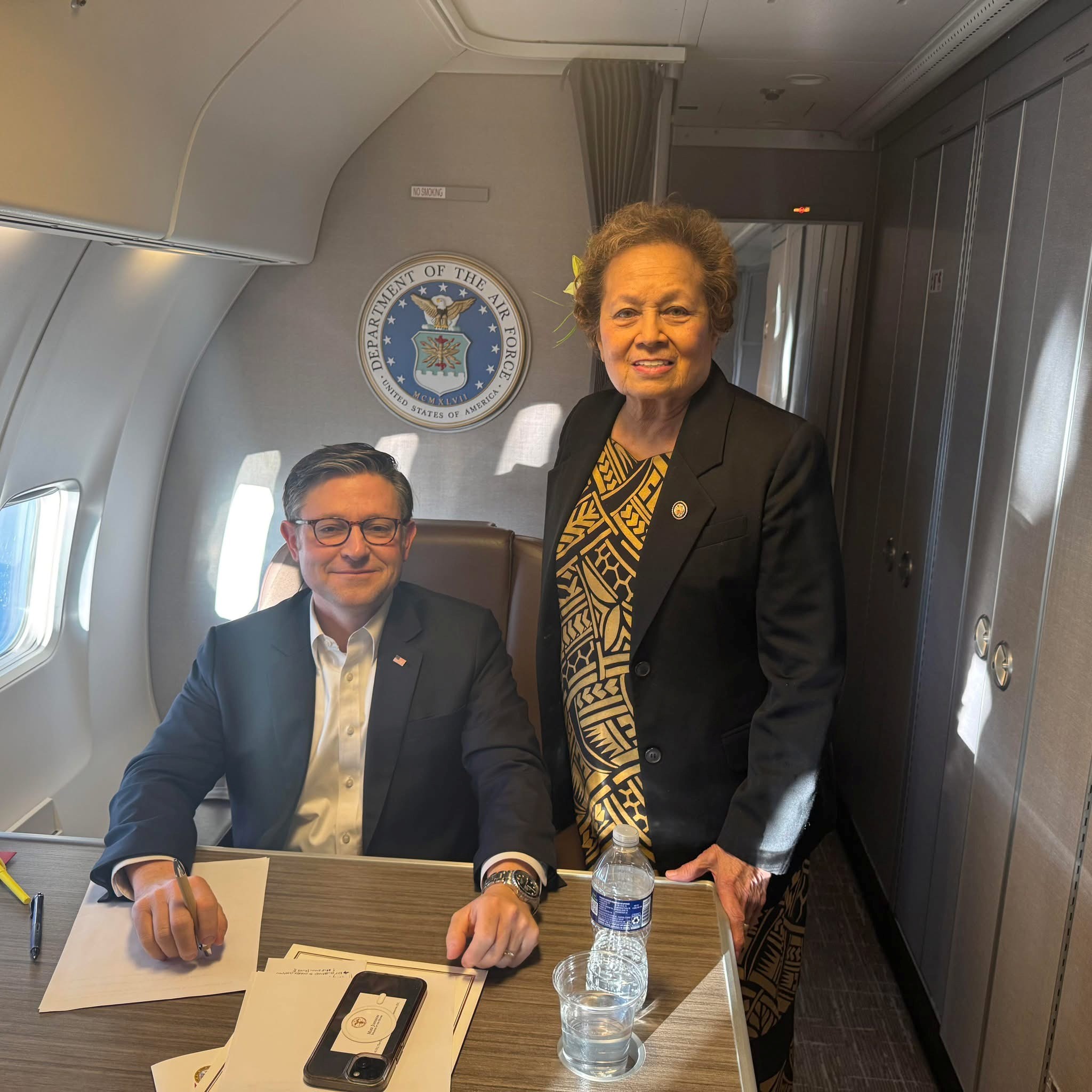 Congresswoman Amata with Speaker of the House Mike Johnson on a CODEL flight Jan 24 2026
