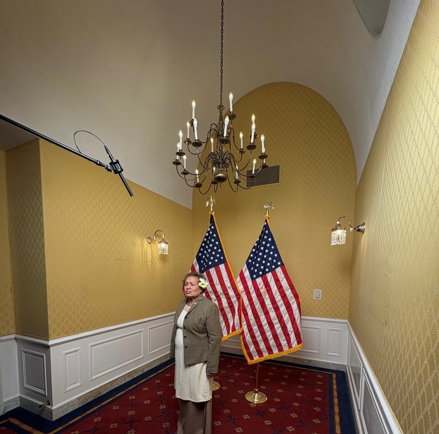 Congresswoman Aumua Amata recording remarks on the first floor of the US Capitol recently