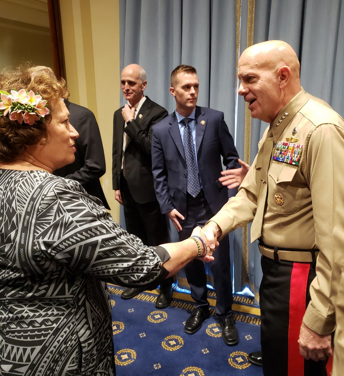 Congresswoman Amata greeting Commandant of the Marine Corps Gen David Berger