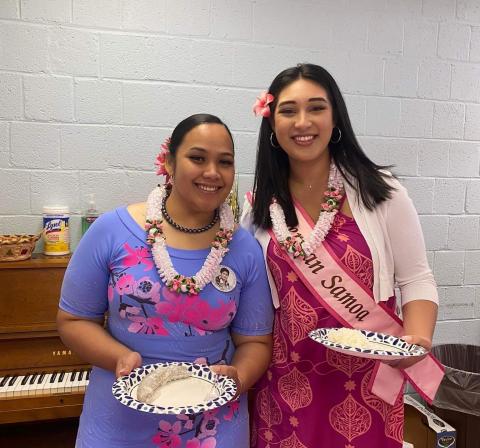 Most recent Cherry Blossom Princess Rosemary Williams and incoming Princess Missionette Pa'au.