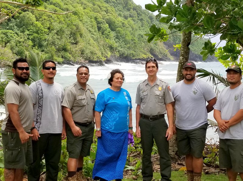 Rep. Amata with Sup. Scott Burch and Ranger Pua Tuaua Jr. and hardworking maintenance crew at Amalau Bay