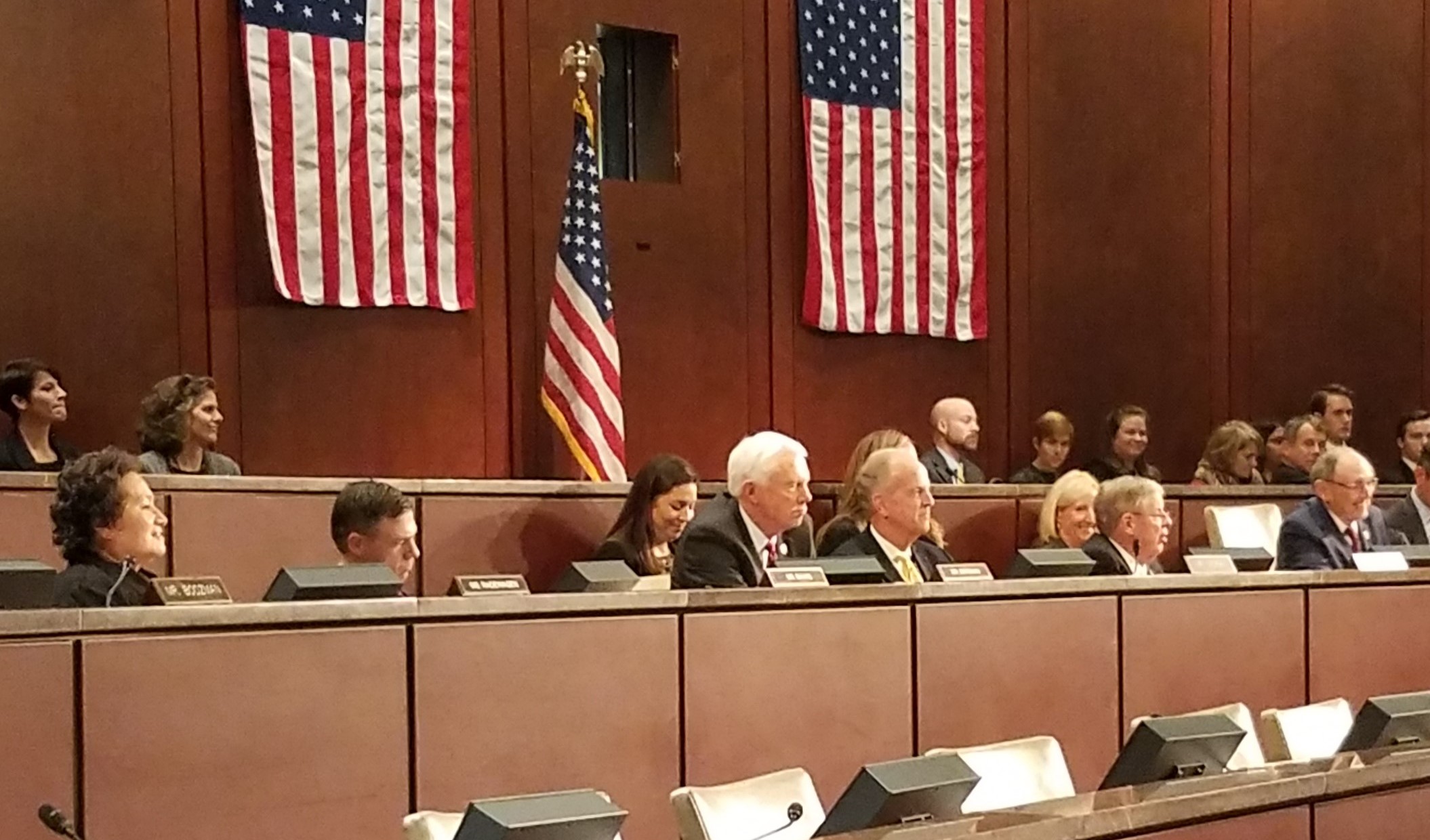 Rep Amata (left) in Joint Senate-House Veterans Hearing in late 2018